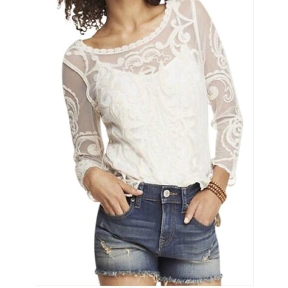 EXPRESS embroidered cream lace long sleeve blouse size S - Picture 1 of 8
